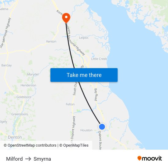 Milford to Smyrna map