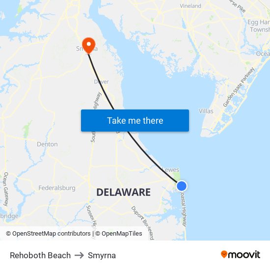 Rehoboth Beach to Smyrna map