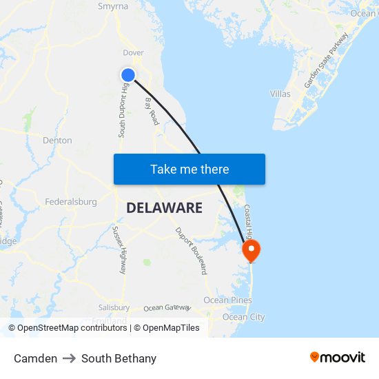 Camden to South Bethany map