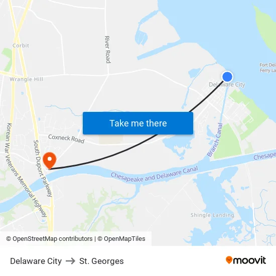 Delaware City to St. Georges map