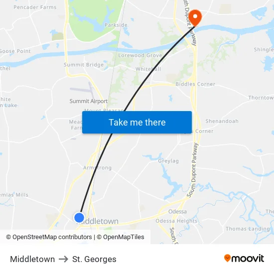Middletown to St. Georges map