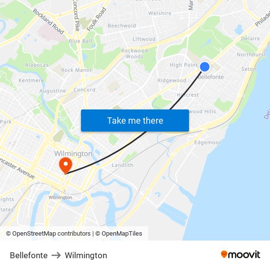 Bellefonte to Wilmington map