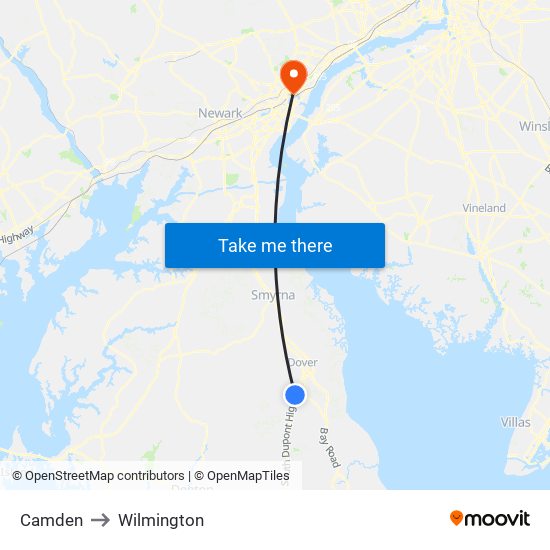 Camden to Wilmington map