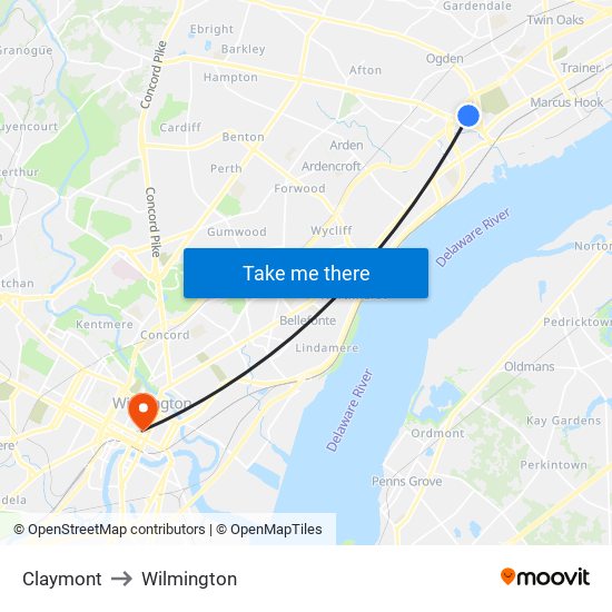 Claymont to Wilmington map