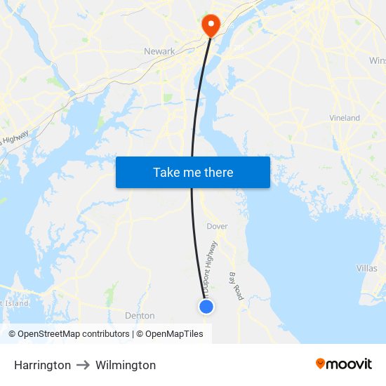 Harrington to Wilmington map