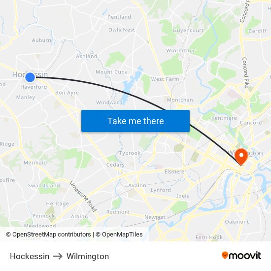 Hockessin to Wilmington map