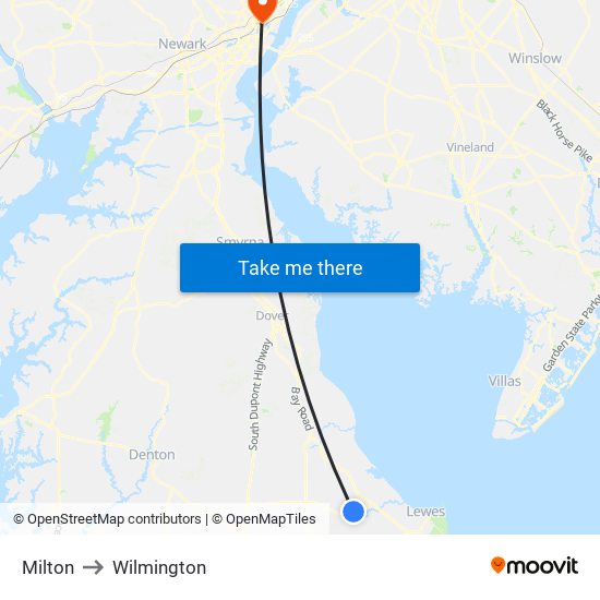 Milton to Wilmington map