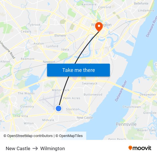 New Castle to Wilmington map