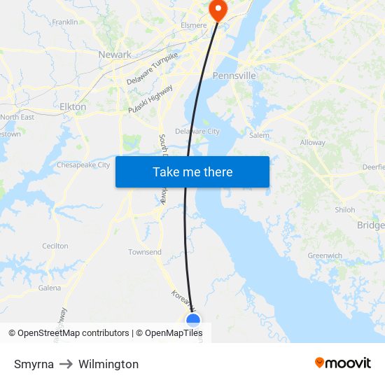 Smyrna to Wilmington map