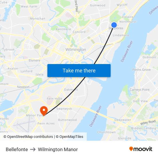 Bellefonte to Wilmington Manor map