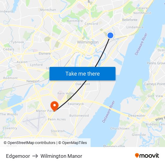 Edgemoor to Wilmington Manor map