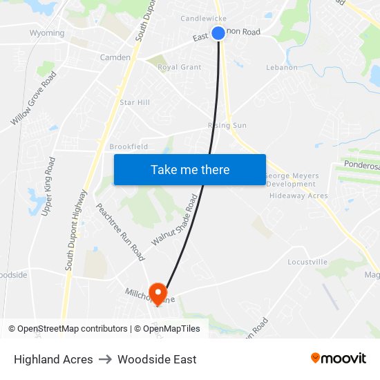 Highland Acres to Woodside East map