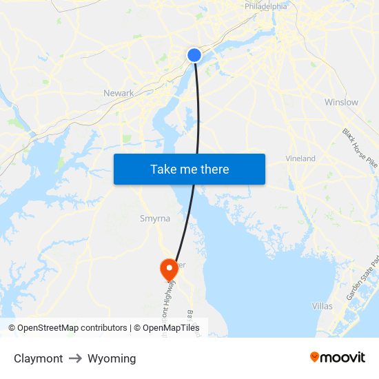 Claymont to Wyoming map