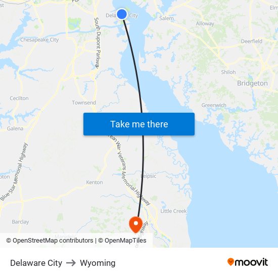 Delaware City to Wyoming map