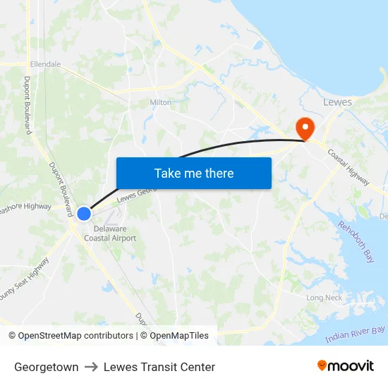 Georgetown to Lewes Transit Center map