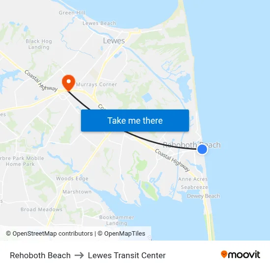 Rehoboth Beach to Lewes Transit Center map