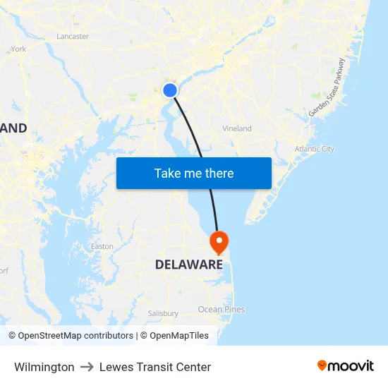 Wilmington to Lewes Transit Center map