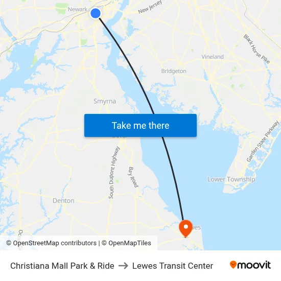 Christiana Mall Park & Ride to Lewes Transit Center map