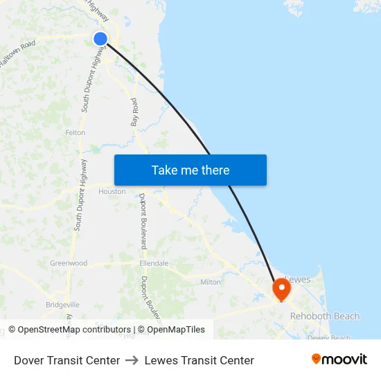 Dover Transit Center to Lewes Transit Center map