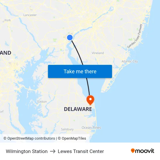 Wilmington Station to Lewes Transit Center map