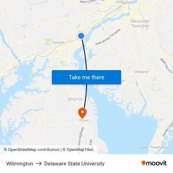 Wilmington to Delaware State University map