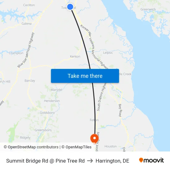 Summit Bridge Rd @ Pine Tree Rd to Harrington, DE map