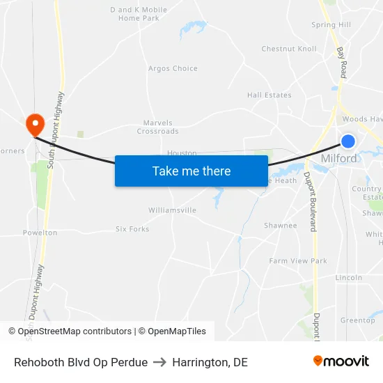 Rehoboth Blvd Op Perdue to Harrington, DE map