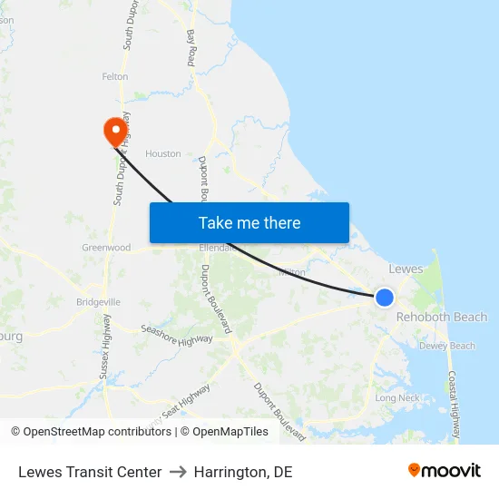 Lewes Transit Center to Harrington, DE map