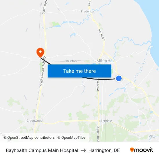 Bayhealth Campus Main Hospital to Harrington, DE map
