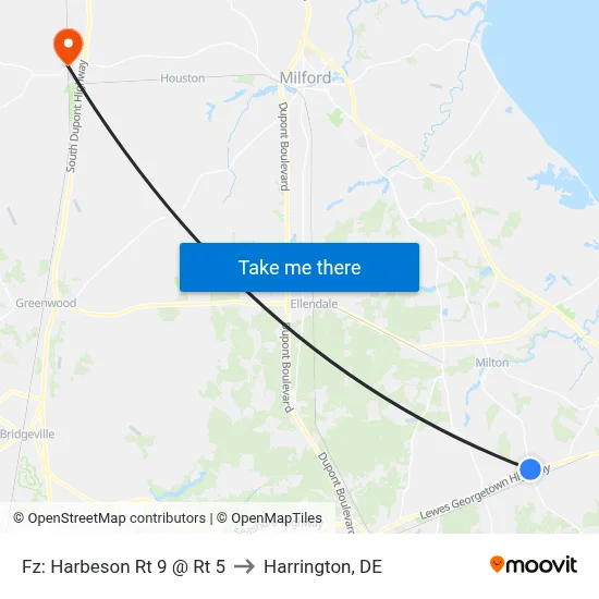 Fz: Harbeson Rt 9 @ Rt 5 to Harrington, DE map