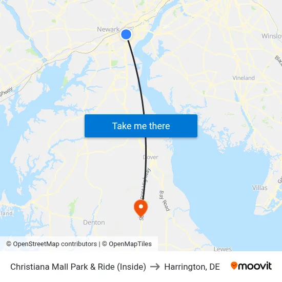 Christiana Mall Park & Ride (Inside) to Harrington, DE map