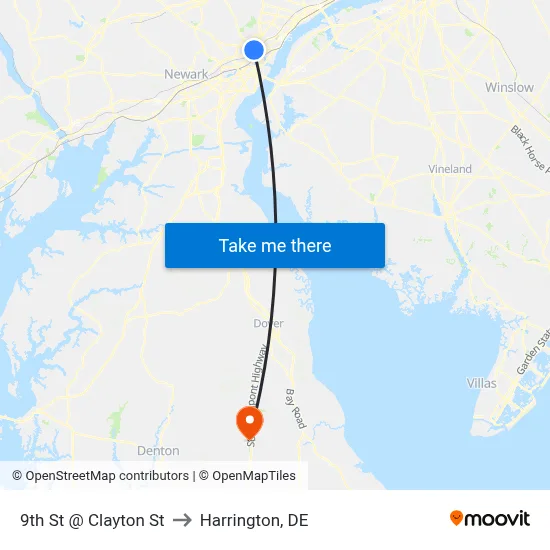 9th St @ Clayton St to Harrington, DE map