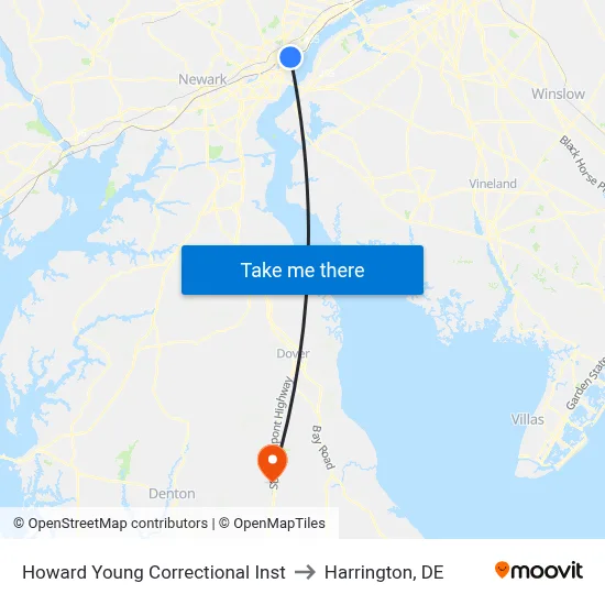 Howard Young Correctional Inst to Harrington, DE map