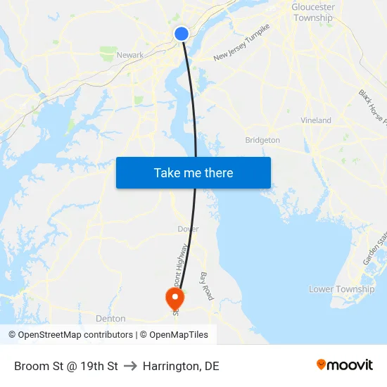 Broom St @ 19th St to Harrington, DE map