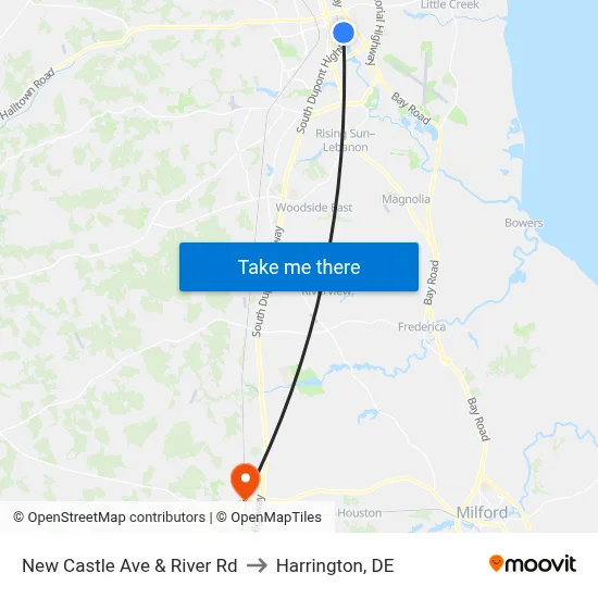 New Castle Ave & River Rd to Harrington, DE map