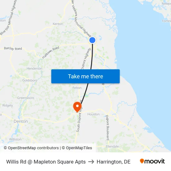 Willis Rd @ Mapleton Square Apts to Harrington, DE map