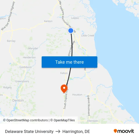 Delaware State University to Harrington, DE map