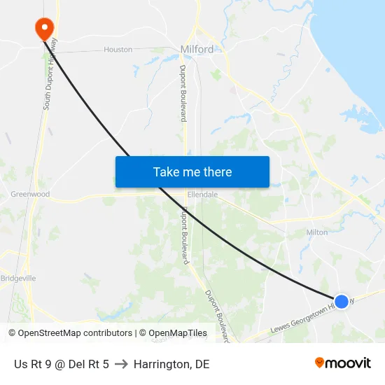 Us Rt 9 @ Del Rt 5 to Harrington, DE map
