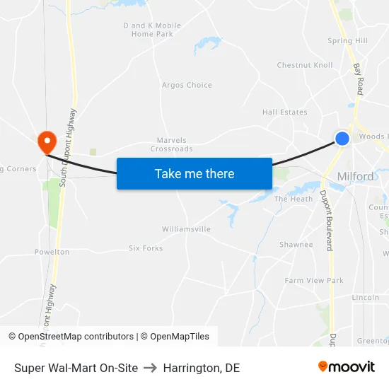 Super Wal-Mart On-Site to Harrington, DE map