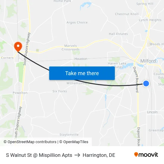 S Walnut St @ Mispillion Apts to Harrington, DE map