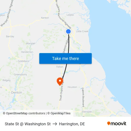 State St @ Washington St to Harrington, DE map