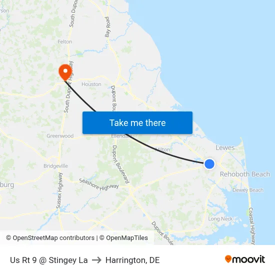 Us Rt 9 @ Stingey La to Harrington, DE map