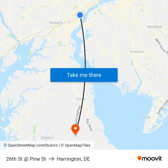 26th St @ Pine St to Harrington, DE map