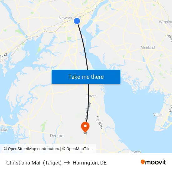 Christiana Mall (Target) to Harrington, DE map