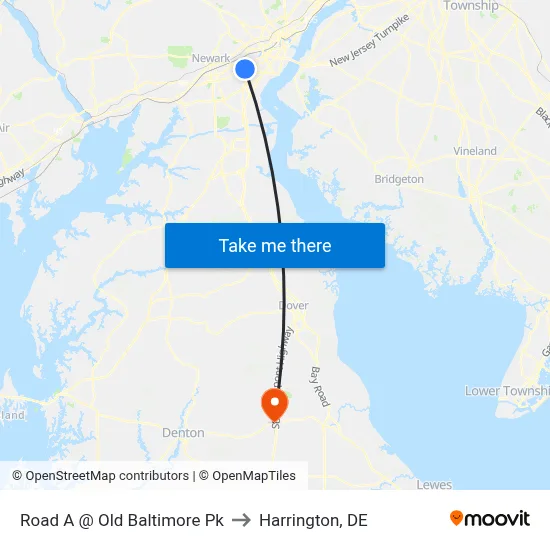 Road A @ Old Baltimore Pk to Harrington, DE map