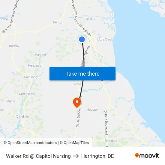 Walker Rd @ Capitol Nursing to Harrington, DE map