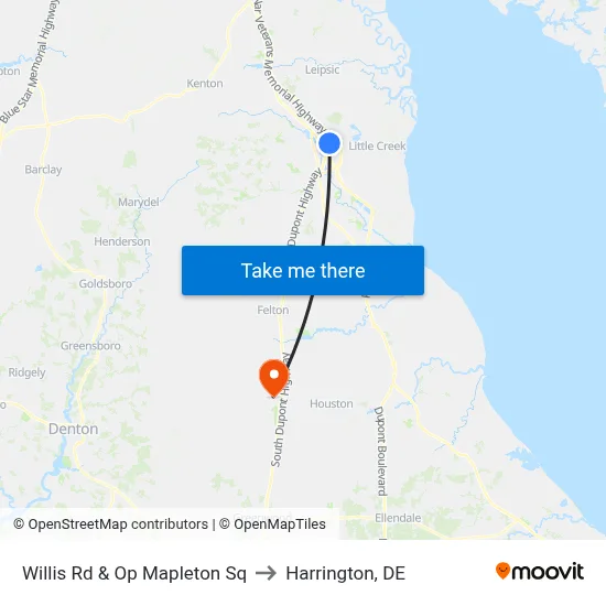 Willis Rd & Op Mapleton Sq to Harrington, DE map