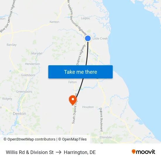 Willis Rd & Division St to Harrington, DE map