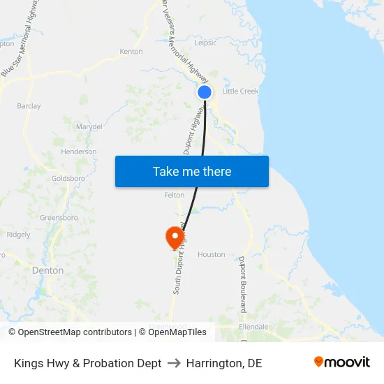 Kings Hwy & Probation Dept to Harrington, DE map