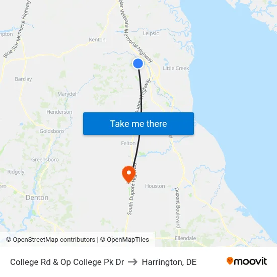 College Rd & Op College Pk Dr to Harrington, DE map